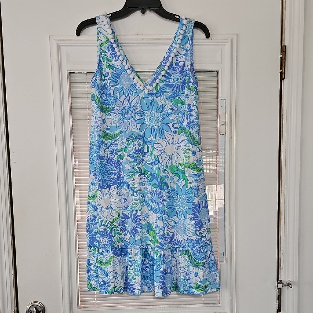 Lilly Pulitzer Blue, White & Green Floral V-Neck Mini Dress